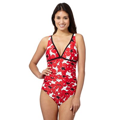 Beach Collection Red poppy print V neck tummy control swimsuit